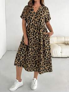 SHEIN Essnce Plus Size Women Leopard Print Short Sleeve Casual Vacation Dress, Coffee Color - Multicolor - View 3