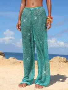 Opulessa Women's Summer Vacation Beach Sequin Cover-Up & Pants Set - Mint Green - View 5