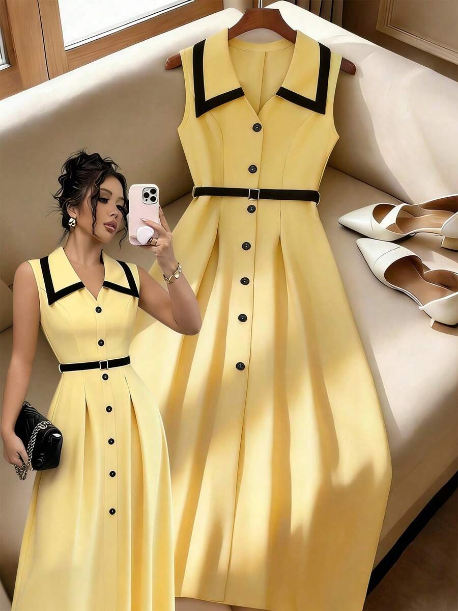 GlowEve Đầm midi nữ thanh lịch kiểu retro, cổ ve lật, thắt eo, cài cúc, màu mơ/đen, phù hợp đi làm và dự tiệc, mùa xuân/hè. - Nhiều màu - Xem 1