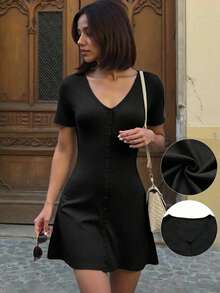 INAWLY French Style V-Neck Waist Cinched A-Line Knit Dress - Black - View 5