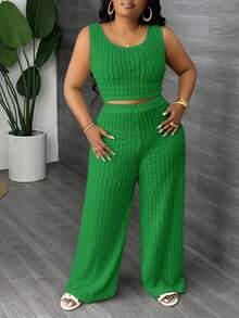 Slaydiva Plus Size Solid White Long Casual Vest And Wide Leg Pants 2 Pieces Set, Spring/Summer - Green - View 3