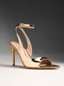 SHUZIA 新款女士金属PU露趾性感高跟凉鞋，细高跟踝带设计，适合舞蹈、假日派对、春夏度假等场合穿着。 - 玫瑰金 - 查看 1