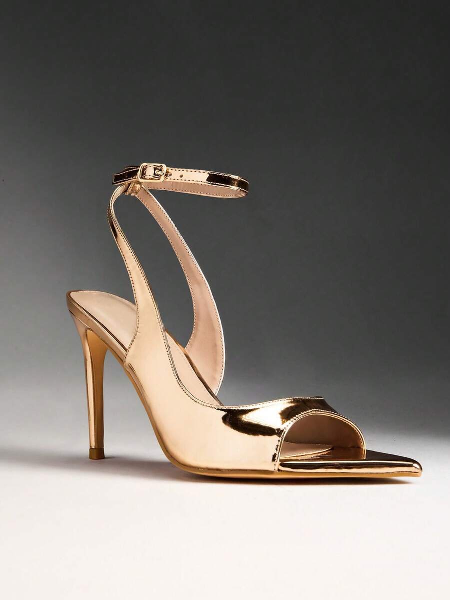 SHUZIA 新款女士金属PU露趾性感高跟凉鞋，细高跟踝带设计，适合舞蹈、假日派对、春夏度假等场合穿着。 - 玫瑰金 - 查看 1