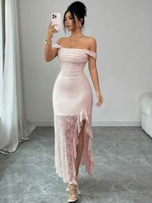 Modelyn Đầm dệt kim jacquard trễ vai thanh lịch dành cho nữ, có xẻ tà, thích hợp cho tiệc tùng và kỳ nghỉ, mùa xuân/hè. - Hồng - Xem 4