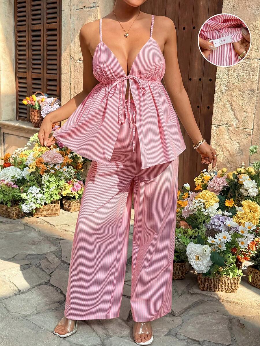 SHEIN 2pcs Maternity Casual Striped Camisole And Pants Set - Red - View 1