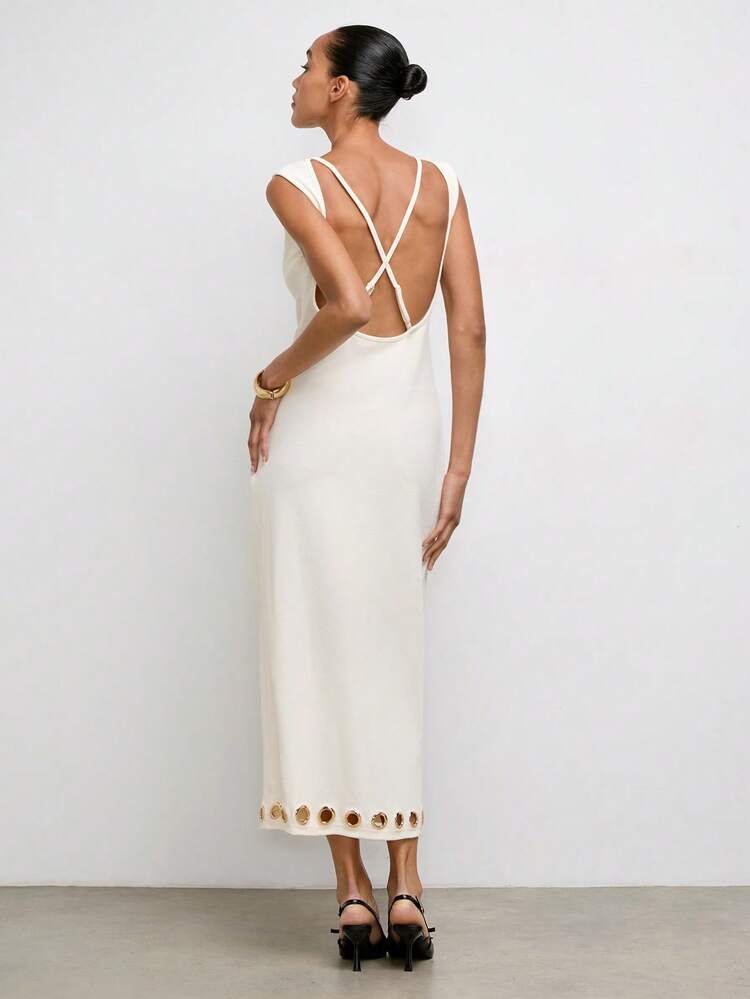 SHEIN Maija Women's Solid Color Backless Fitted Mid-Length Boat Neck Dress, Summer Outfits,Graduation Dress Women,Work Dresses For Women