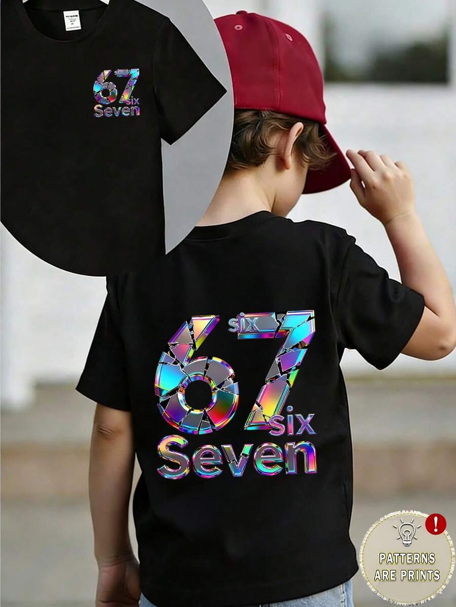 小男孩時尚彩色 67 字母印花短袖 T 恤,適合學校、夏季、海灘,Six Seven 7 歲生日 Tee,Squishy Boy 男孩 T 恤 - 彩色 - 查看 1