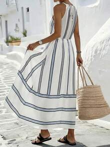 Louniche Đầm nữ mùa xuân/hè kẻ sọc, cổ yếm, thắt nơ hình bướm, thích hợp mặc hàng ngày và đi nghỉ mát ở biển. - Nhiều màu - Xem 2