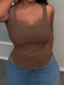 Slaydiva Women Plus Size Basic Deep V-Neck Sleeveless Slim Fit Ribbed Ruched Side Camisole Tank Top, Brown Semi-Sheer None, Summer Smart Casual - Khaki - View 5