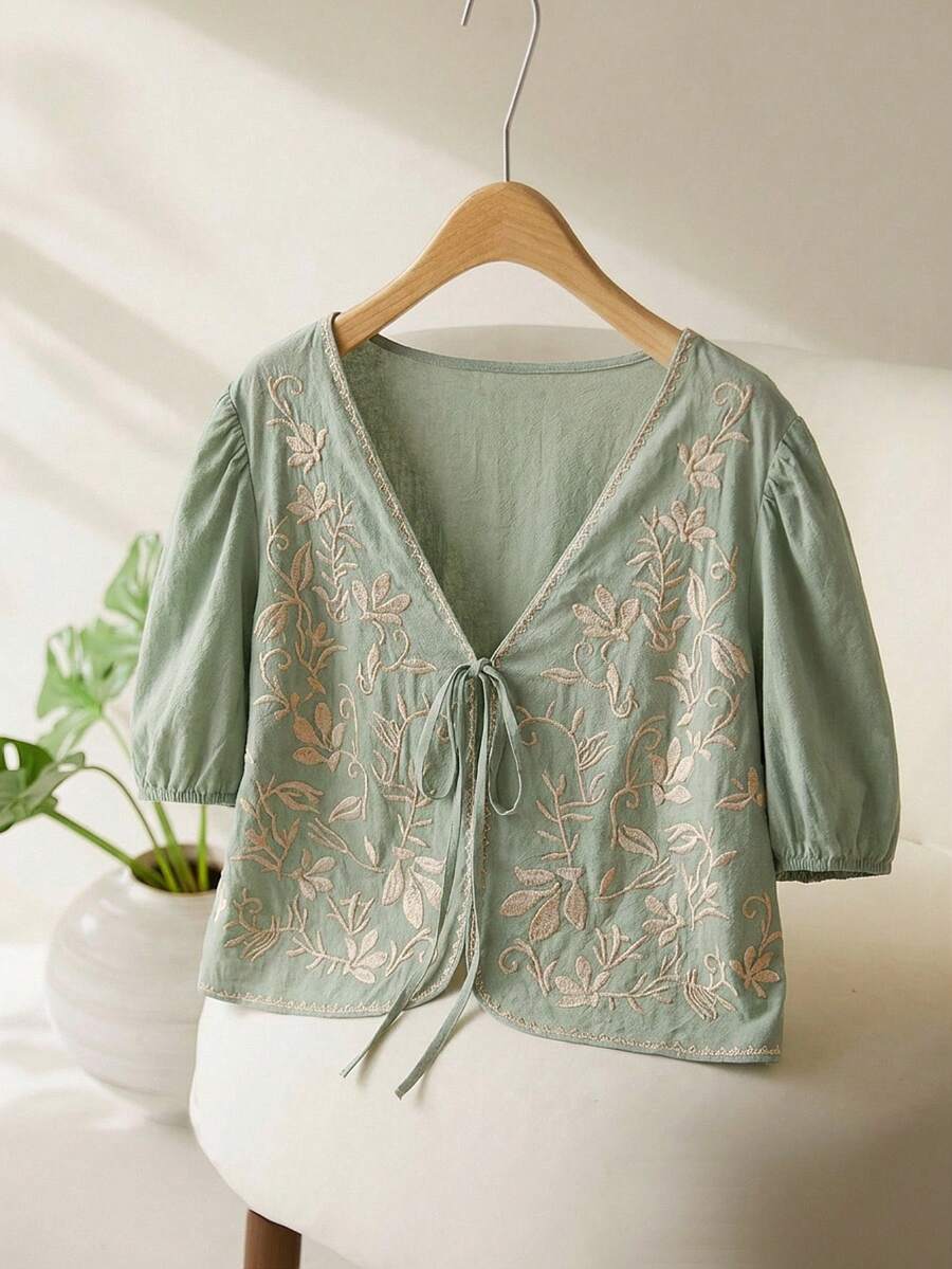 CosyJoli 大尺碼休閒刺繡泡泡袖前綁帶襯衫 - 綠色 - 查看 1