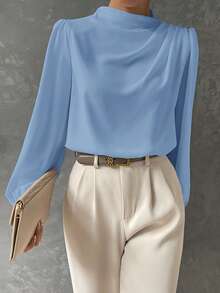 BizChic Blusa de manga larga con cuello plisado, manga farol, suelta - Versátil, elegante, urbana, de uso diario, romántica, estilo retro de los 90. Adecuada para Navidad, Año Nuevo, San Valentín, fiestas, playa, graduación, moda, casual, romántica. Apropiada para invitados de boda, anfitriones, salidas, citas, fiestas, conciertos, actuaciones, brunch, té, aeropuerto - Azul - Ver 1