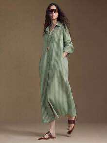 Ontre 2026SS Nouvelle robe polyvalente décontractée, vintage et élégante pour le printemps/été, convenant pour Pâques, la Saint-Valentin, les vacances, les invités de mariage. Robe femme unie avec lien à la taille pour les déplacements urbains, le style décontracté chic, les invités de mariage. Robe rayée marron et blanche élégante, robe de soirée. Robe élégante et formelle pour femme au printemps/été - Vert - Voir 3