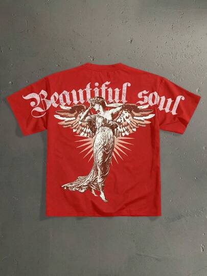 StoneGrade Camiseta de manga corta de cuello redondo con estampado de ángel y letras, de corte holgado, para uso diario versátil