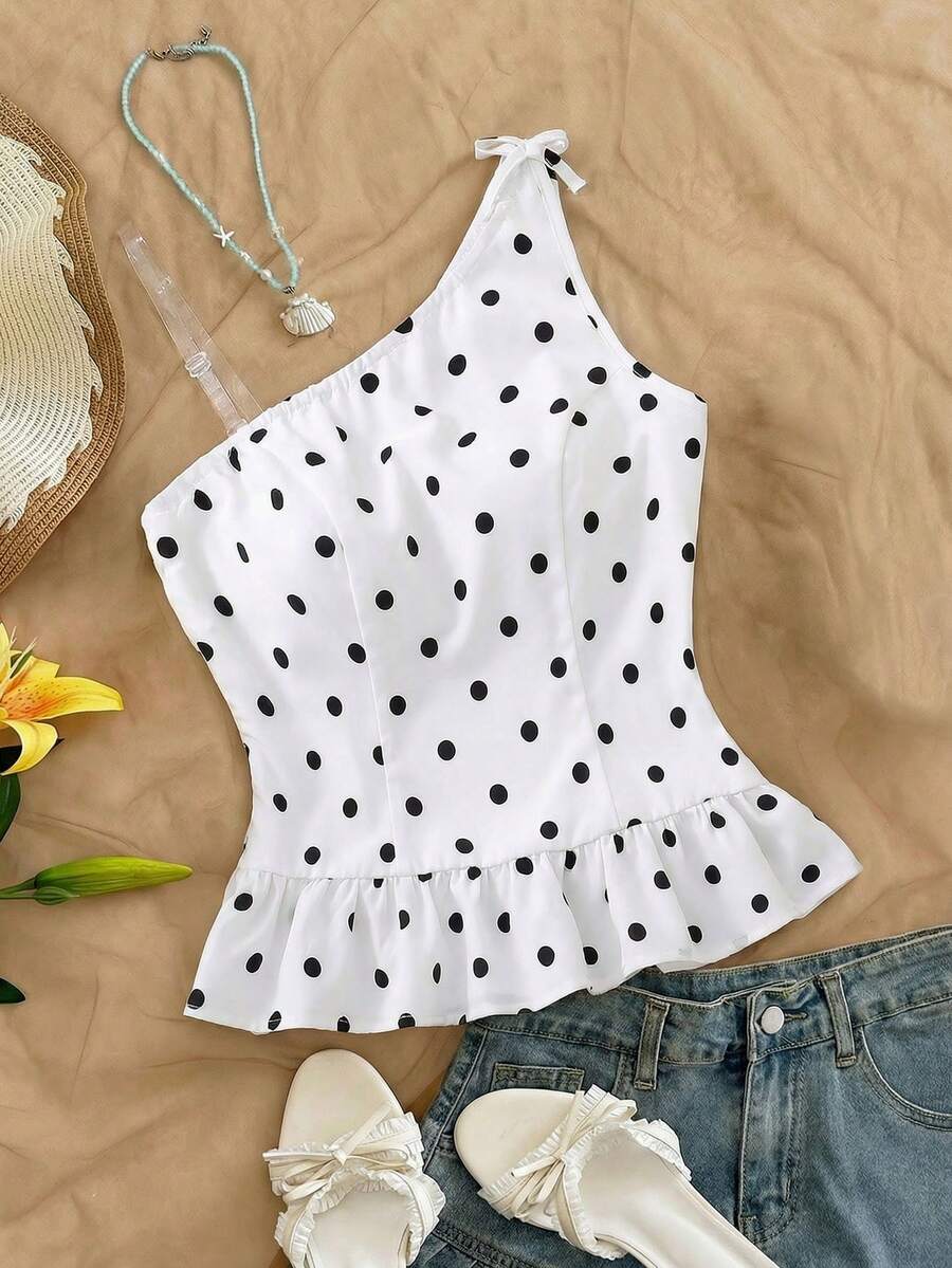 Teen Girl Summer Vacation Polka Dot Print Ruffle Hem Sleeveless Camisole - White - View 1