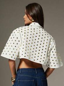 Denimoi Women's Metal Polka Dot Design Short Sleeve Cropped Fashionable Blouse - Apricot - View 2