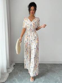 SHEIN Elenzya 女士夏季优雅碎花褶皱连体裤，腰部收褶，长袖 - 彩色 - 查看 7