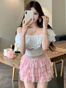 Joudiya Women's Lace Ruffle Tie Waist Skorts - Pink - View 8