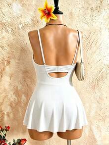 Swim Lushoire Plus Size Women 2Pcs Solid Color Wire Bra Swimsuit With Seashell Decor Chain Detachable Skirt, Minimalist Vacation Style For Summer - White - View 8