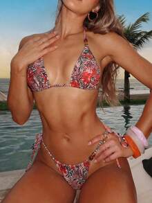 Swim Vcay Tropical Plant Print Random Animal Leopard Bead Decor Beach Golf Outfit Women Casual Sexy Vacation Bikini Set Spring/Summer White - Multicolor - View 6