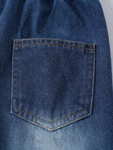 SHEIN Young Girls Shiny Rhinestone Jeans, Medium Wash Blue, Casual Street Style, Cute Minimalist Design, Irregular Elastic Waist, Basic Pockets, Straight Leg, Soft Cotton Denim, Suitable For Daily Wear, Commuting, Outing, Gathering, New Arrival Girls Jeans - Medium Wash - View 8