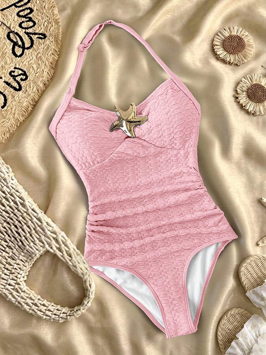 SHEIN 少女露背金属海星装饰蓝色纹理针织连体泳衣 - 粉色 - 查看 1