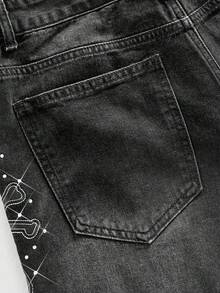 ROMWE MEN Men's Loose Fit Denim Shorts With Skull Embroidery - Black - View 5