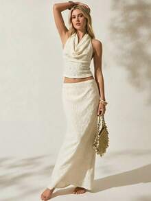 Gownix White Floral Jacquard Knit Halter Cowl Neck Draped Tank Top Fish Tail Hem Maxi Skirt 2 Pieces Set Summer Tropical Vacation Holiday Beach Outfits - White - View 9