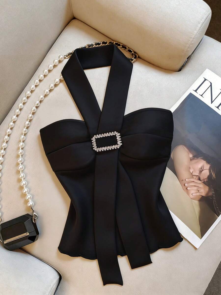 Franclia Women's Casual Solid Color Rhinestone Decor Halter Neck Elegant Camisole - Black - View 1
