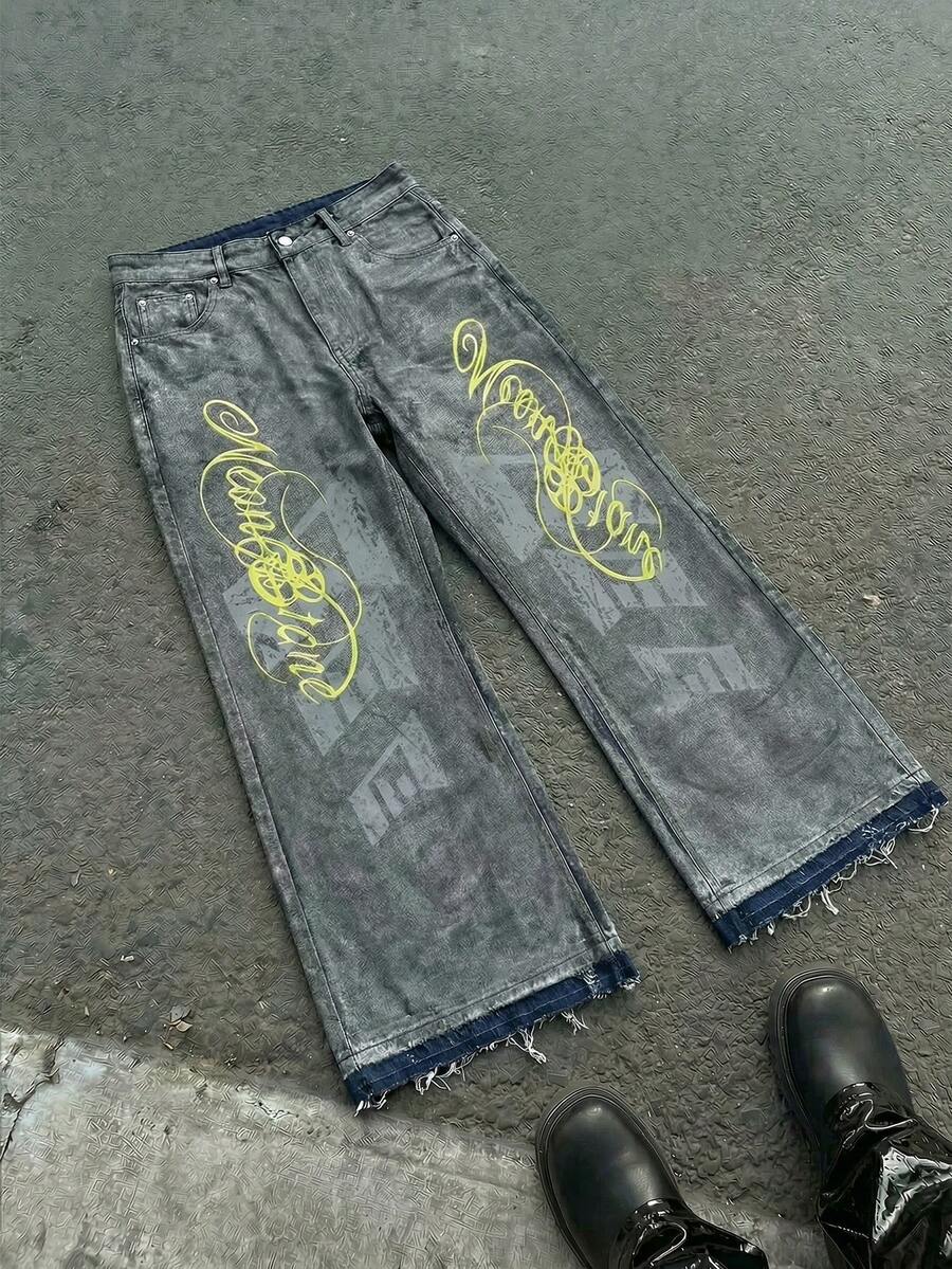 NEON BLANC 男士休闲时尚街头通勤字母印花宽松喇叭牛仔裤，不含腰带 - 灰色 - 查看 1