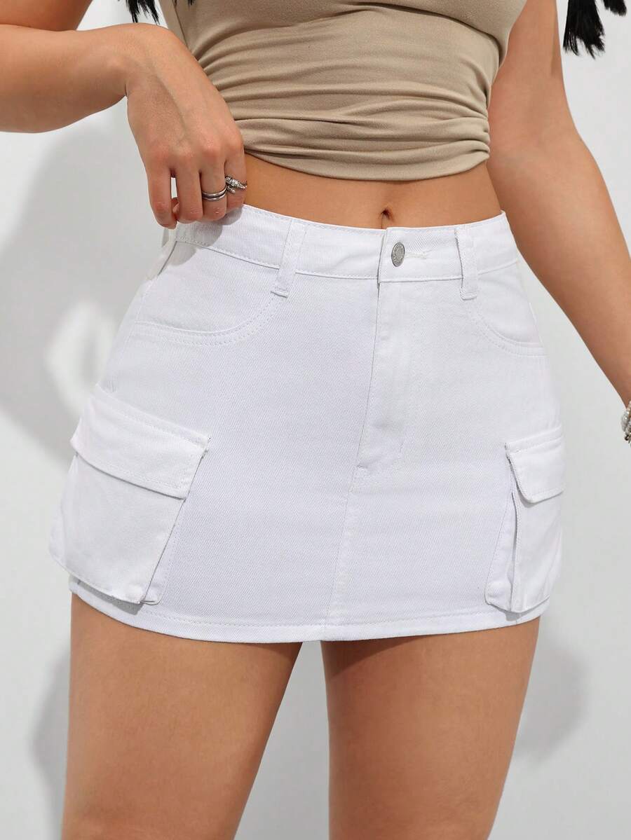 SHEIN PETITE 女士纽扣休闲牛仔迷你裙,日常百搭 - 白色 - 查看 1