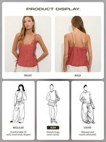 Nöista Terracotta Top With Ornate Lace Trim Along The Neckline And Center Panel. Adjustable Side Tie Details With Customizable Fit. Perfect For Date Nights, Spring, Summer, Holiday Vacation Look. - Coral Orange - View 8