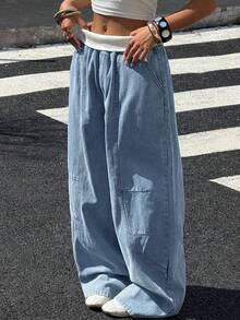 Muchica Quần nữ dáng rộng, ống rộng, túi xéo, cạp gập, chất liệu denim mài, kiểu dáng thường ngày. - Rửa nhẹ - Xem 5