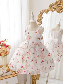 Glamorique Kids 女童花卉刺绣公主裙，柔软薄纱泡泡袖花童礼服，适合生日派对、婚礼、春夏穿着，也适合拍照 - 白色 - 查看 5