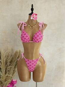 Swim Vcay Bộ đồ bơi hai mảnh dành cho nữ, gợi cảm, thanh lịch, họa tiết hoa quạt, cổ yếm, quần tam giác, màu hồng, thích hợp cho kỳ nghỉ biển. - Nhiều màu - Xem 4