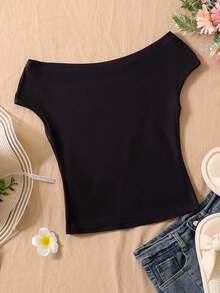 Tween Mädchen Teenager Off-Shoulder Kurzarm T-Shirt, ein hautfreundliches und bequemes Top für den Sommer. Mit einem schwarzen Blume Muster-Design, hat es einen taillenformenden Effekt, um die Figur zu verschlanken und ist ein vielseitiger Stil. Es ist ein lässiges, modisches T-Shirt für ältere und mittlere Kinder, ein stilvoller Off-Shoulder Kurzarm für Kinder, bequem für den täglichen Schulbesuch und Ausflüge. - Schwarz - Übersicht 2