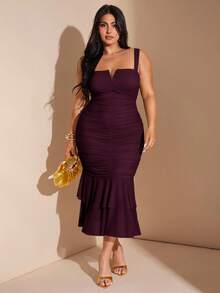 SHEIN BAE Plus Size Women's V-Neck Ruched Ruffle Hem Midi Bodycon Dress, Vacation Party Dress - Maroon - View 4