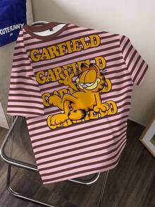 GARFIELD | SHEIN Áo thun nữ tay ngắn cổ tròn in hình hoạt hình và sọc - trắng - Xem 3
