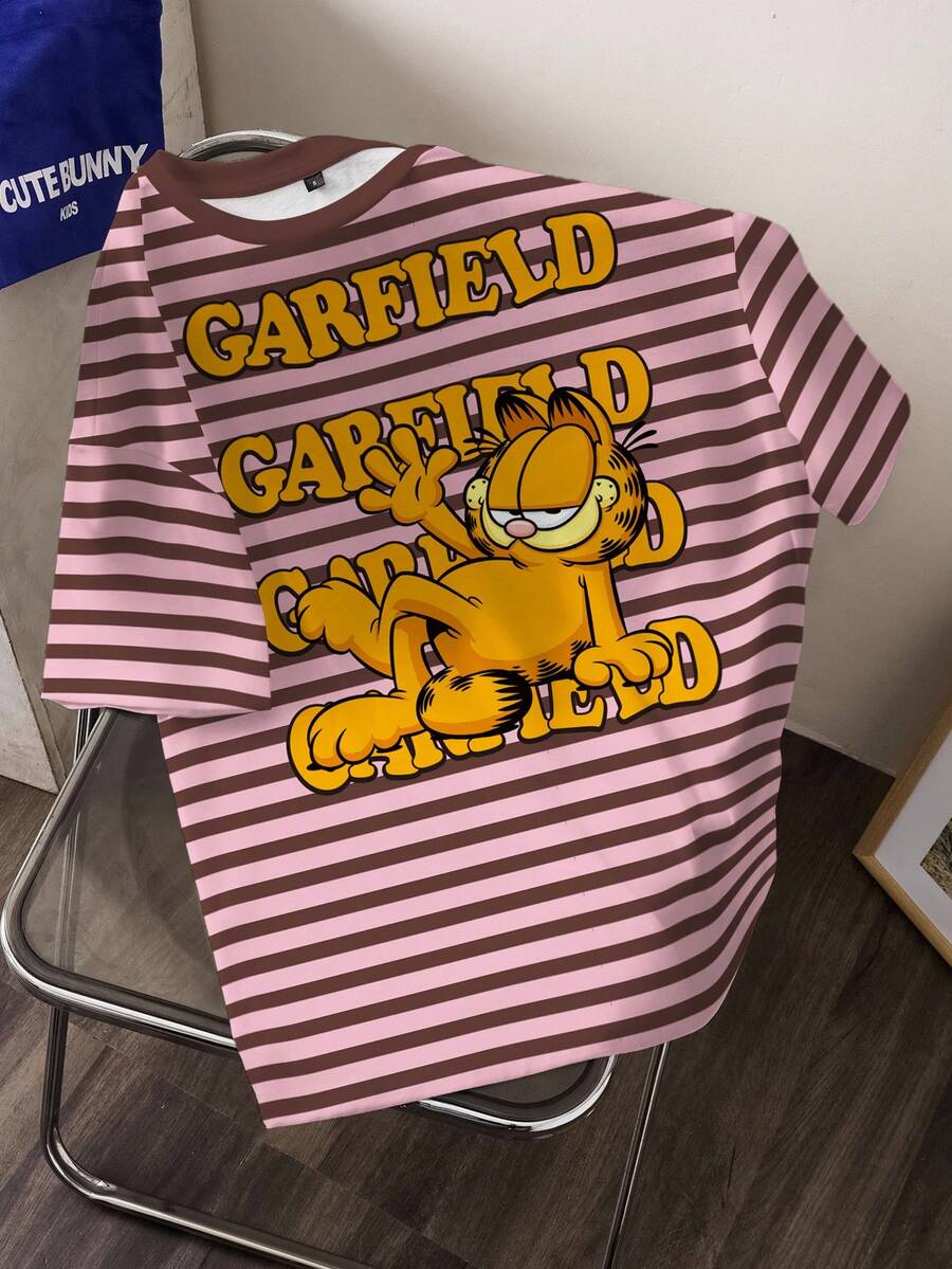 GARFIELD | SHEIN Women's Cartoon & Striped Print Round Neck Short Sleeve T-Shirt - White - View 1