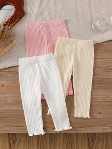 SHEIN Vintaside Kids 3件組女嬰打底褲 粉色與白色條紋 秋季休閒度假夏季純色棉質長褲 極簡甜美風直筒寬鬆版型 - 粉色 - 查看 3
