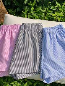 SHEIN 3pcs/Set Tween Girls' Casual Street Style Woven Striped Straight Leg Shorts - Black - View 7