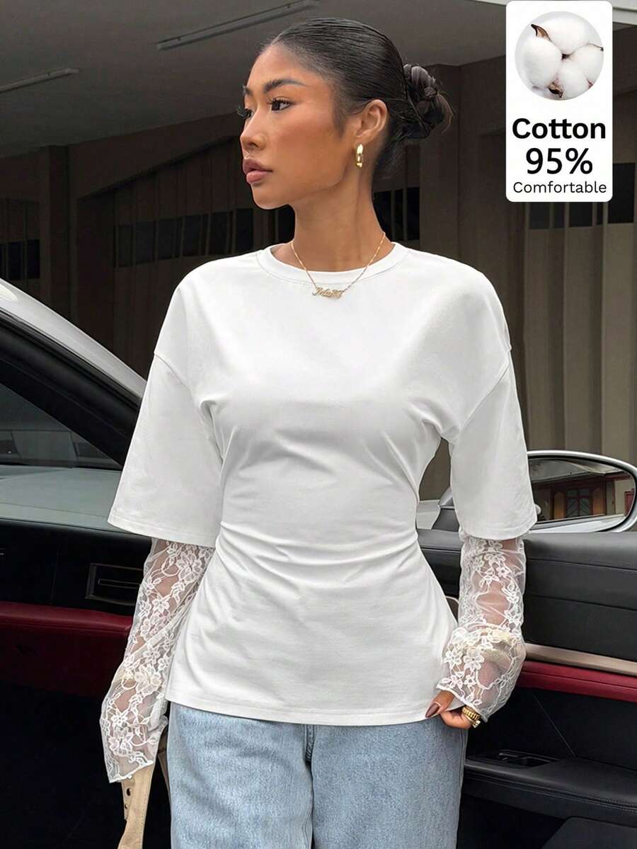 Muchica Áo thun nữ màu trắng dệt kim thiết kế eo phối ren tương phản, kiểu 2 trong 1. - trắng - Xem 1