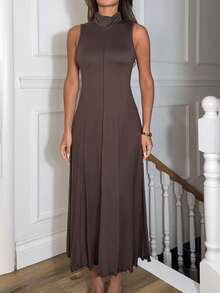 Ronhire 女士纯色立领无袖简约长裙，休闲日常穿着 - 棕色 - 查看 6