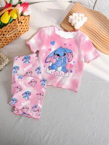 Bộ đồ ngủ 2 mảnh cho bé gái, họa tiết thỏ hoạt hình dễ thương nhuộm tie-dye, phong cách Y2K ngọt ngào, áo tay ngắn viền lượn sóng tương phản và quần dài, đồ mặc nhà thoải mái. - Hồng - Xem 5