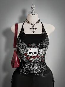 SHEIN ICON 大码女式哥特蕾丝拼接衬衫 - 黑色 - 查看 8