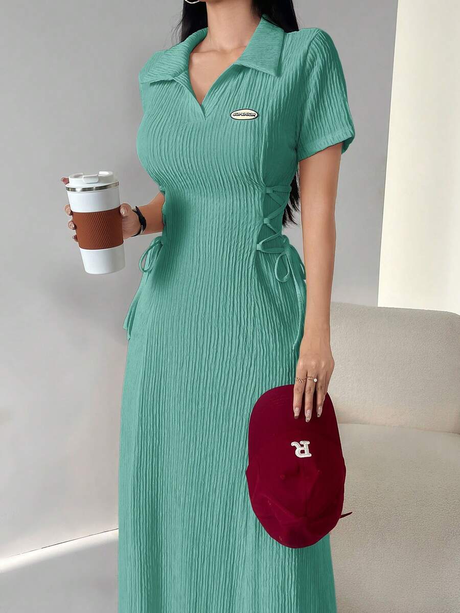 Aidyla Đầm midi nữ in chữ, tay áo xắn, thắt eo bên hông, kiểu dáng thường ngày, đầm maxi dài cho nữ, trang phục dạ hội. - Màu xanh ngọc - Xem 1