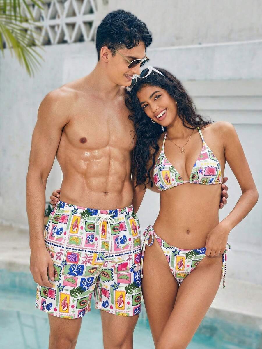 Azuldrift Pantalones cortos de playa casuales con estampado de todo el Body y cordón en la cintura para hombres - Azul y blanco - Ver 1