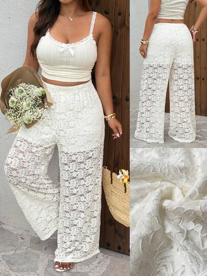 Sunnyshic 大码优雅缪斯蕾丝阔腿裤