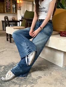 DAZY 女士宽松版型做旧花卉刺绣牛仔裤 - 藍色 - 查看 4