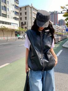 DAZY Áo khoác gile nữ bằng da PU, kiểu dáng thường ngày, đa năng. - màu đen - Xem 8