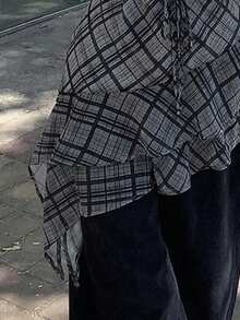 DAZY 韩版女士温柔夏季格子荷叶边不对称吊带休闲吊带衫 - 黑色 - 查看 7